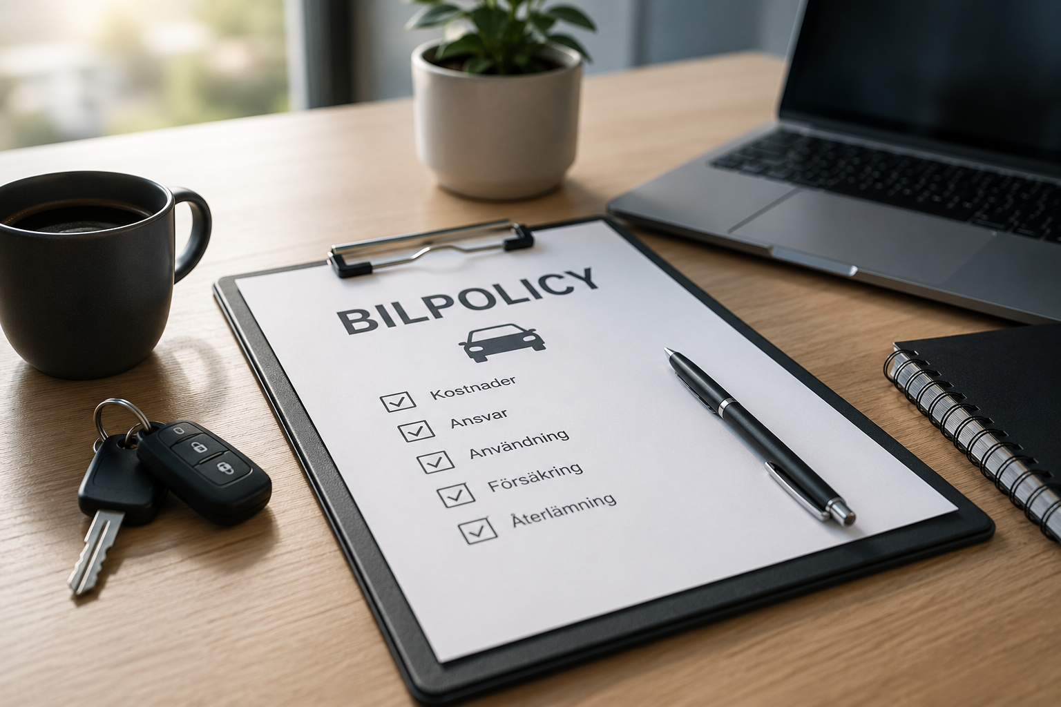 Illustration av bilpolicy med frågor om laddning, försäkring och kostnadsgränser.